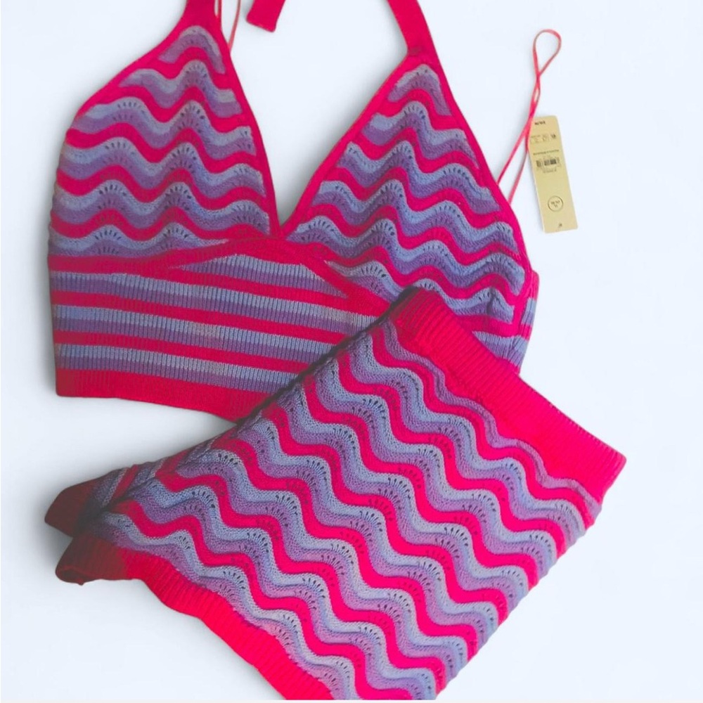 Pink and Purple Knit Wave Pattern Bralette and Shorts Set
